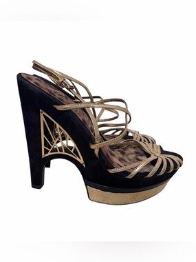 Sam Edelman Tillie Platform Wedge Sandal Womens 10 Black Gold Cage Heel Art Deco